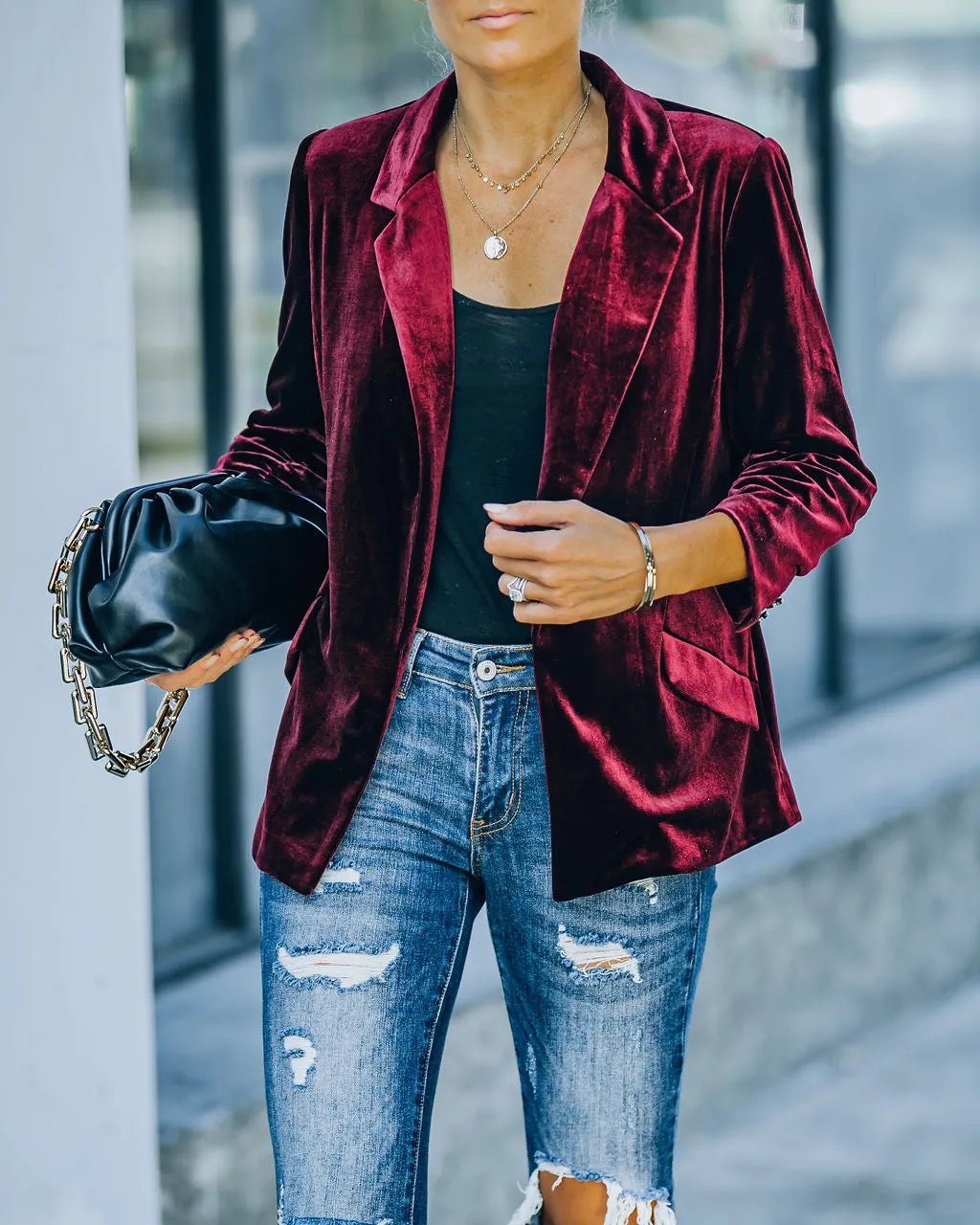 TastyHottie - Claudia Velvet Ruched Sleeve Blazer - Burgundy