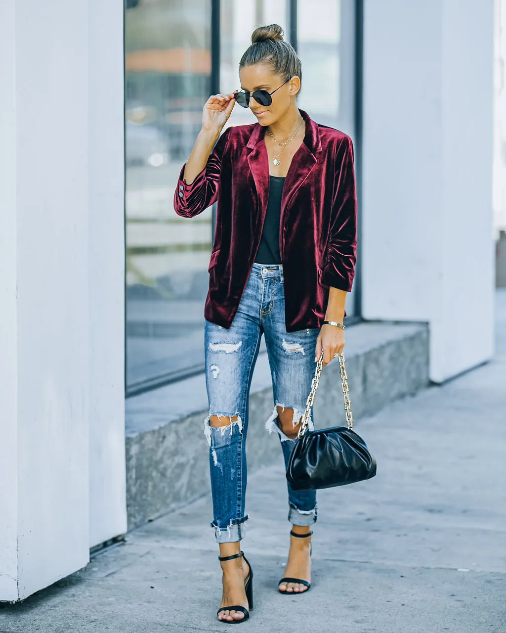 TastyHottie - Claudia Velvet Ruched Sleeve Blazer - Burgundy