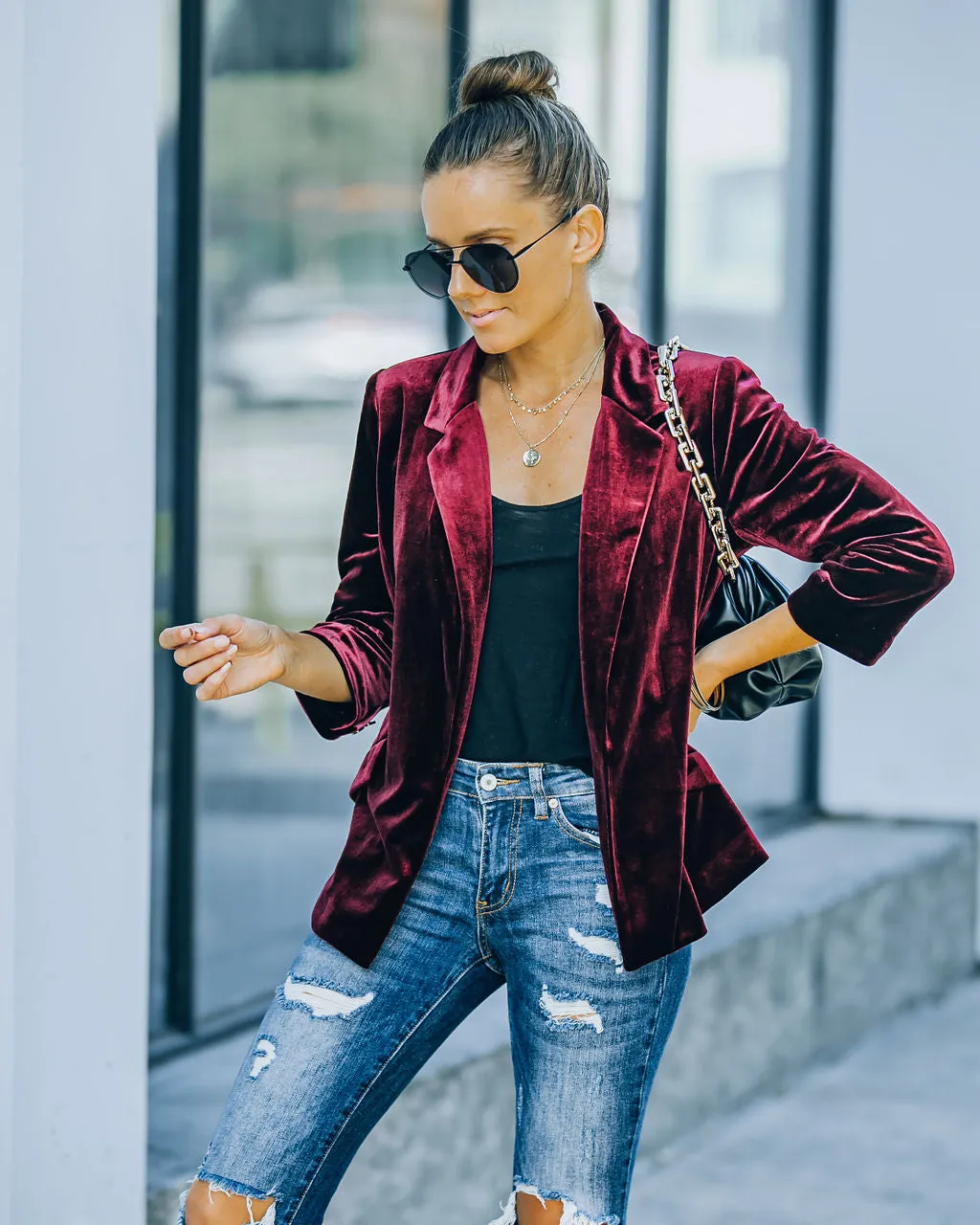 TastyHottie - Claudia Velvet Ruched Sleeve Blazer - Burgundy