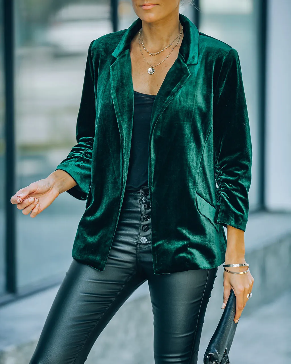 TastyHottie - Claudia Velvet Ruched Sleeve Blazer - Hunter Green