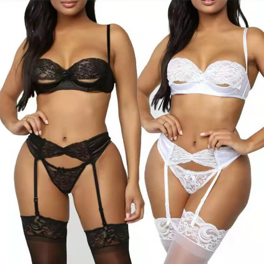 US Women Sexy Lace Lingerie Underwear Garter Belt Bikini Bodysuit Sleepwear Set