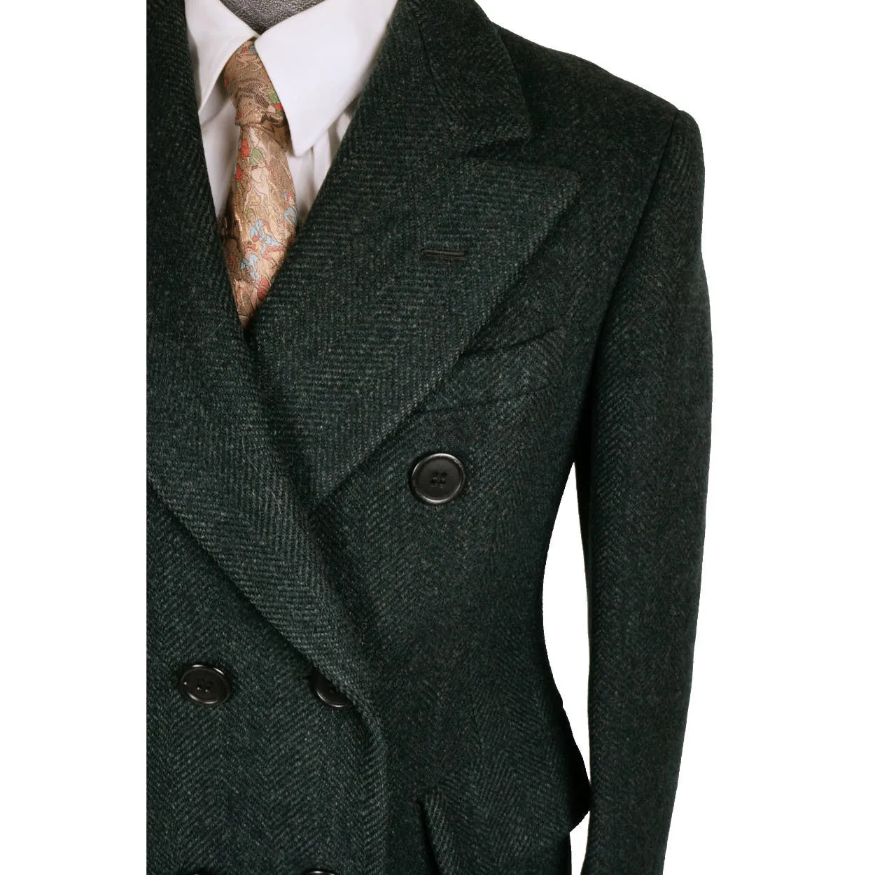 Vintage 1940s Mens Overcoat Green Wool Herringbone Tweed Coat T Eaton Co Size 38