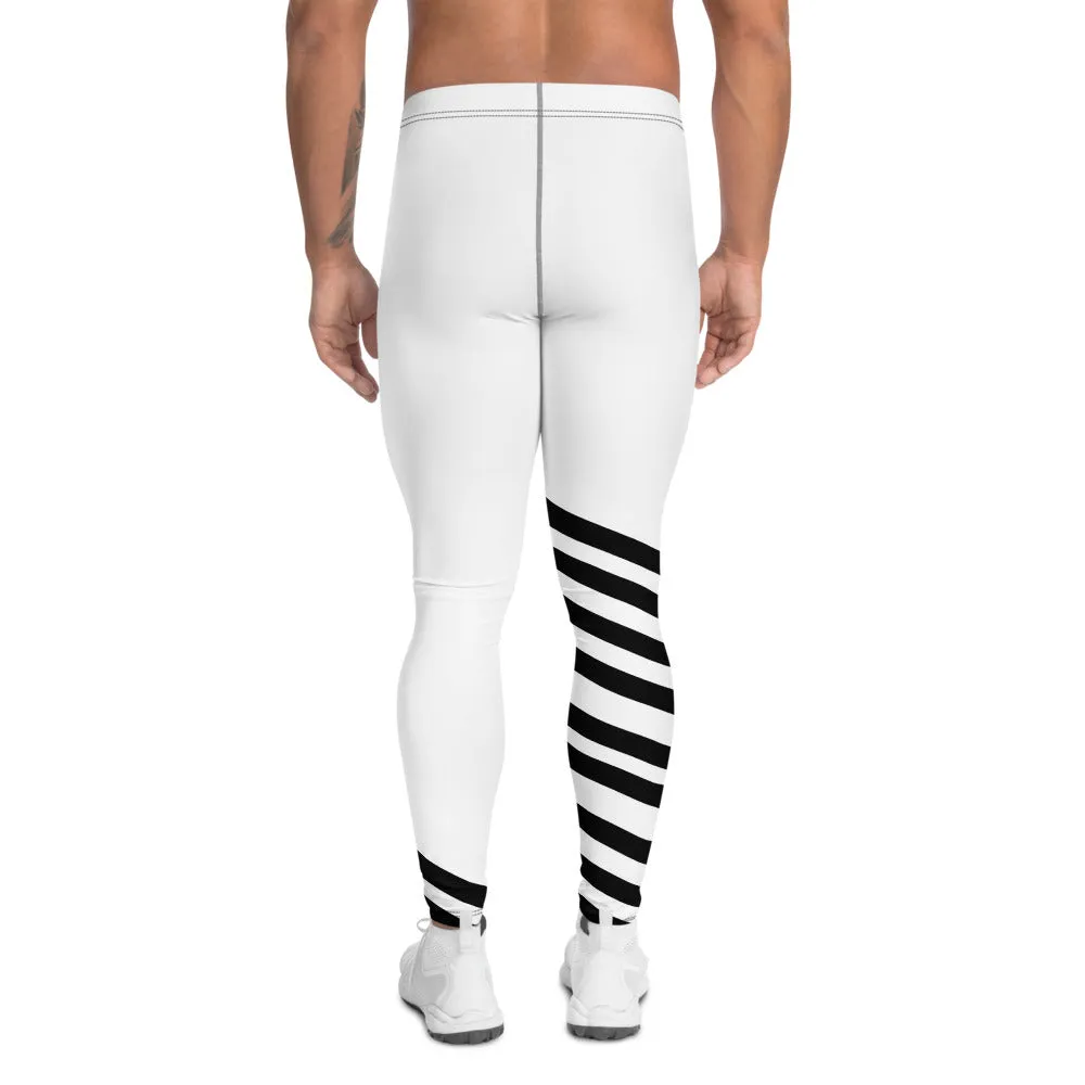 White Diagonally Striped Men's Leggings, Designer Minimalist Black White Modern Meggings-Made in USA/EU/MX