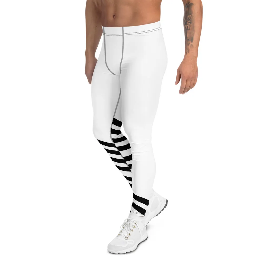 White Diagonally Striped Men's Leggings, Designer Minimalist Black White Modern Meggings-Made in USA/EU/MX