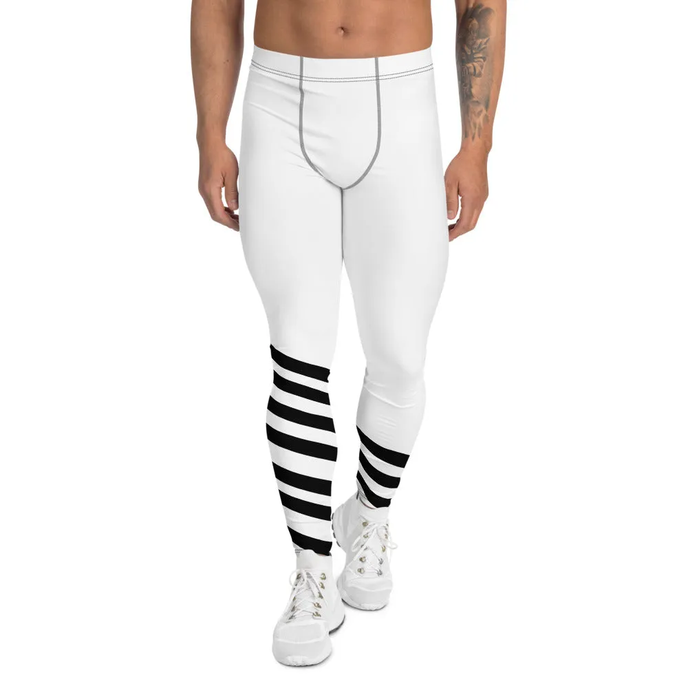 White Diagonally Striped Men's Leggings, Designer Minimalist Black White Modern Meggings-Made in USA/EU/MX