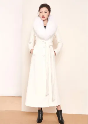 White Fox Fur Collar Single Breasted Belted Wool Blend Long Coat