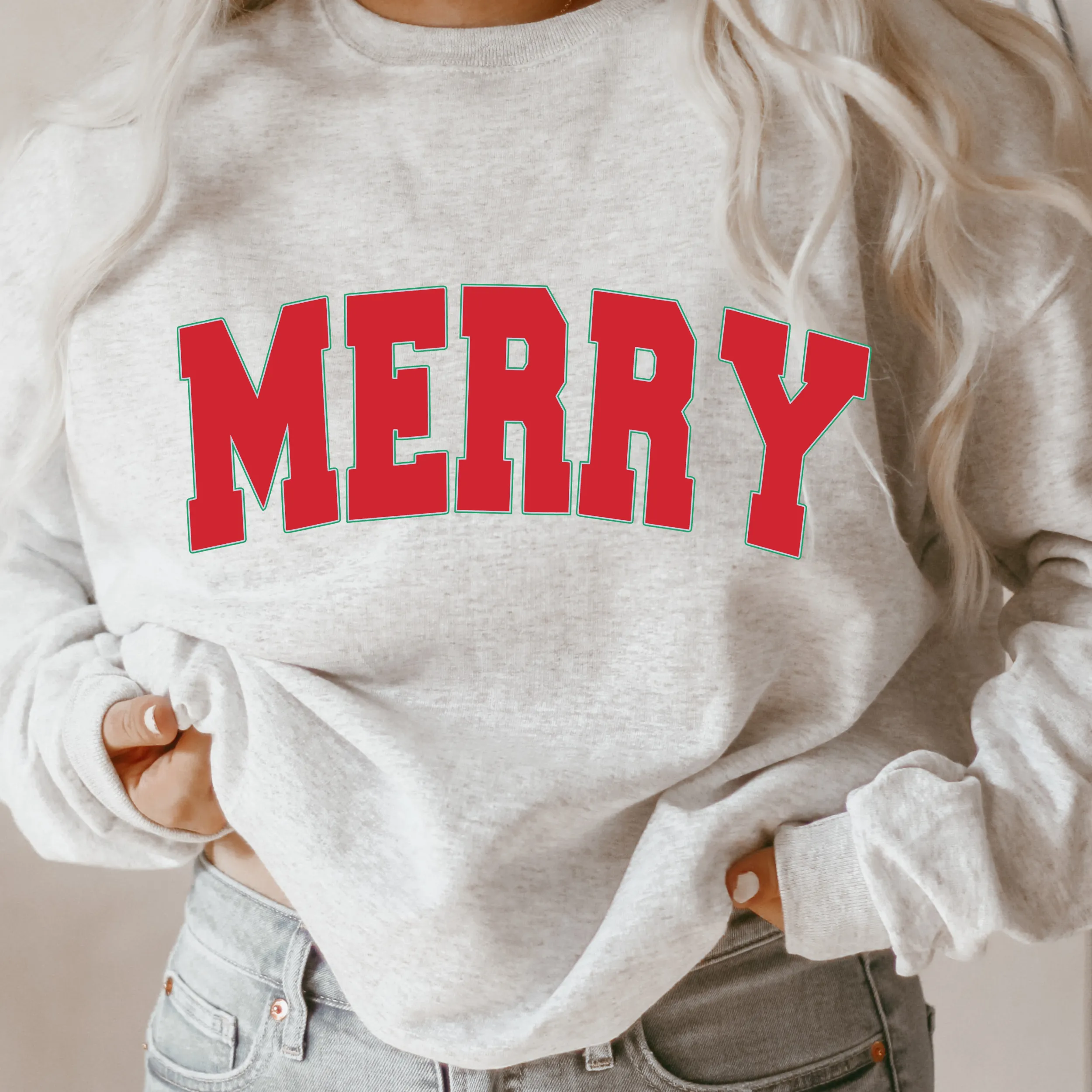 Women's Christmas Merry Unisex-Size Crewneck Sweatshirt Winter in Ash, Sand, White or Navy