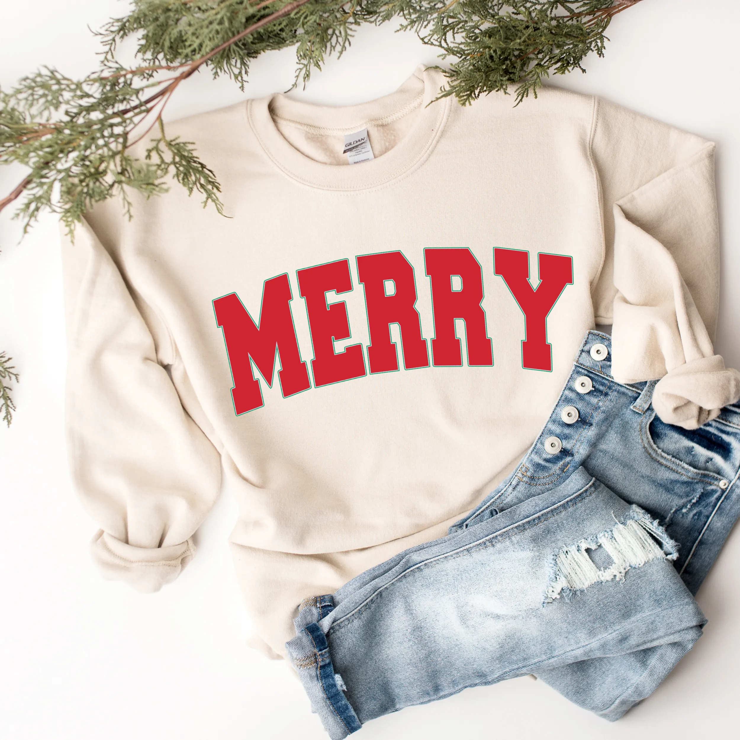 Women's Christmas Merry Unisex-Size Crewneck Sweatshirt Winter in Ash, Sand, White or Navy