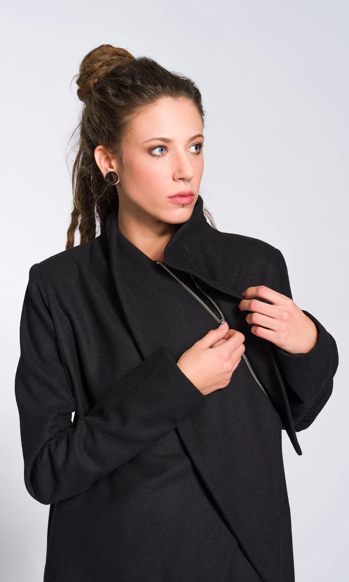 Wool Felt Coat with Asymmetric Tiered Closure