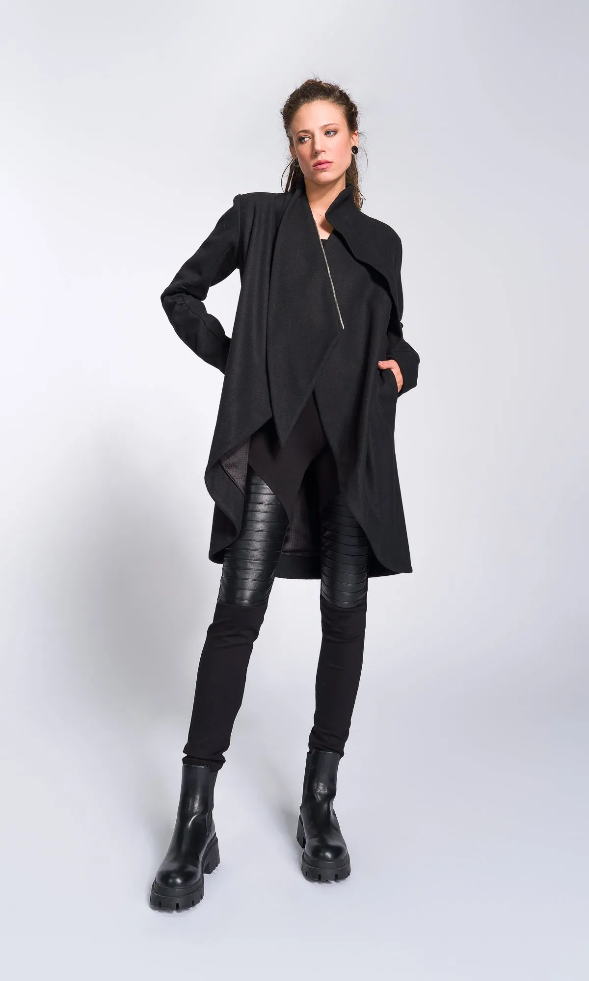 Wool Felt Coat with Asymmetric Tiered Closure